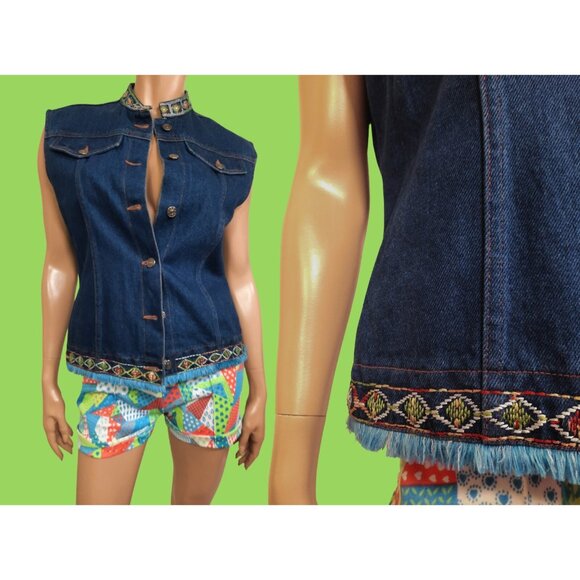 Vintage 90 Denim Jean Vest Oversized Embroidered Fringe Size S Dark Wash - Picture 1 of 10